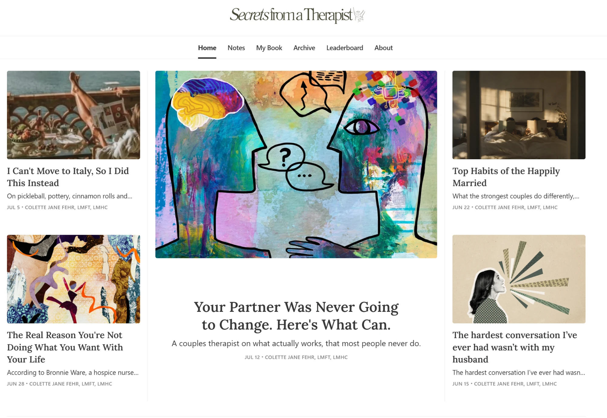 Secrets from a Therapist — Colette Fehr's Substack publication homepage with featured posts