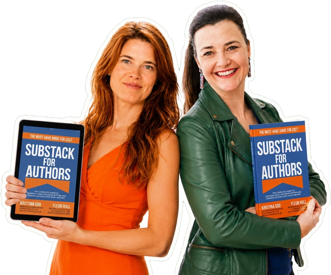 Kristina God and Fleur Hull holding the Substack for Authors guide