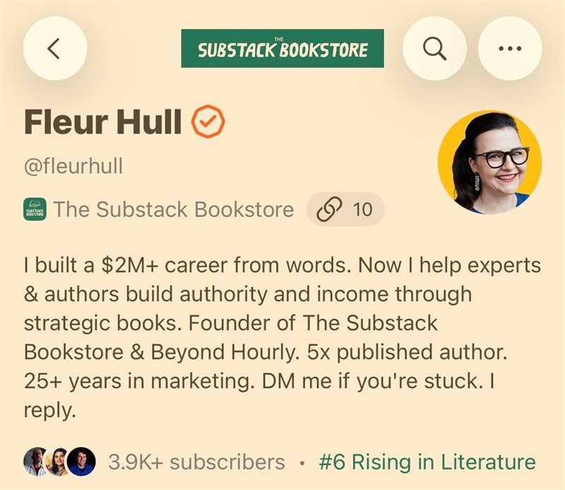 Fleur Hull's Substack profile — 3.9K+ subscribers, number 6 Rising in Literature