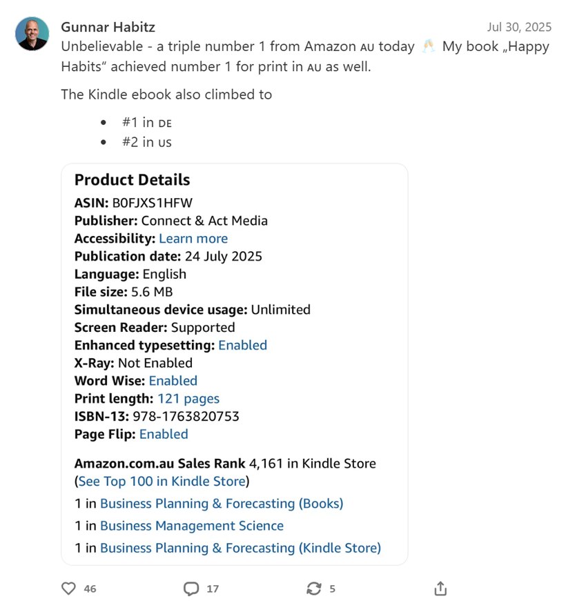 Gunnar Habitz: a triple #1 on Amazon AU for Happy Habits